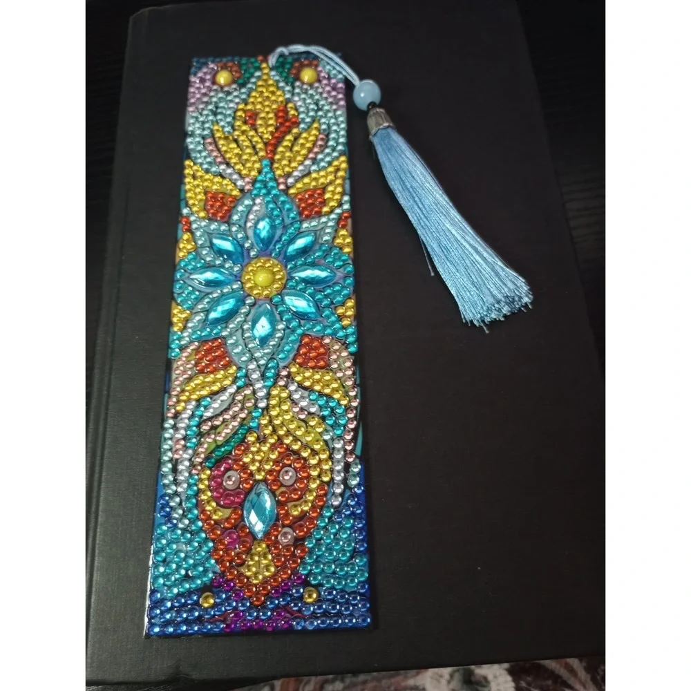 Handmade Diamond Painting Bookmark Blue Tassel Floral Design 7.75